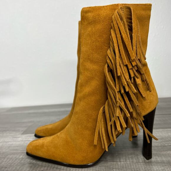 90s Fringe Square Toe Heeled Boots Tan Suede Western Predictions 7 1/2 - Picture 4 of 11